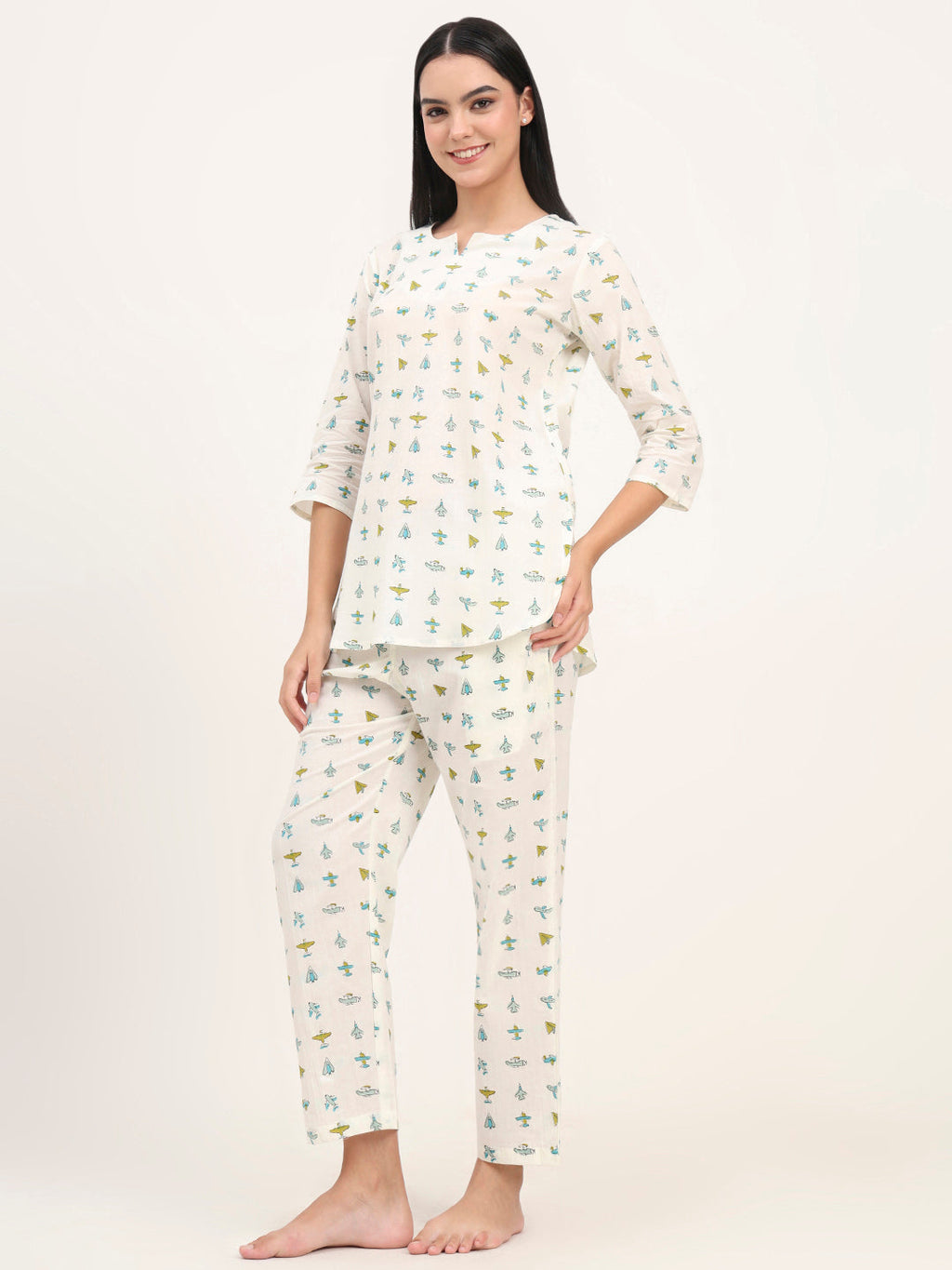 Noe Velarro Cream Cotton Printed Night Suit Set