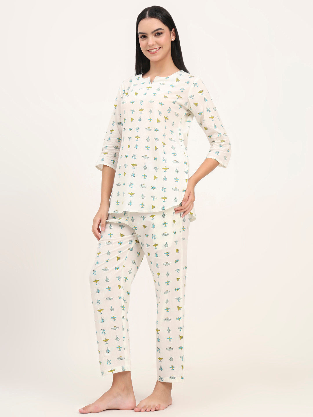 Noe Velarro Cream Cotton Printed Night Suit Set