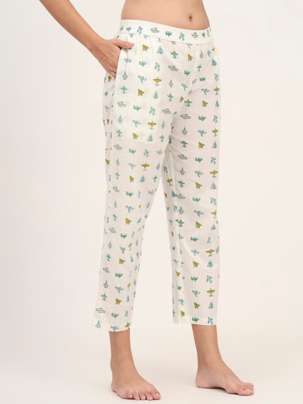Noe Velarro Cream Cotton Printed Night Suit Set