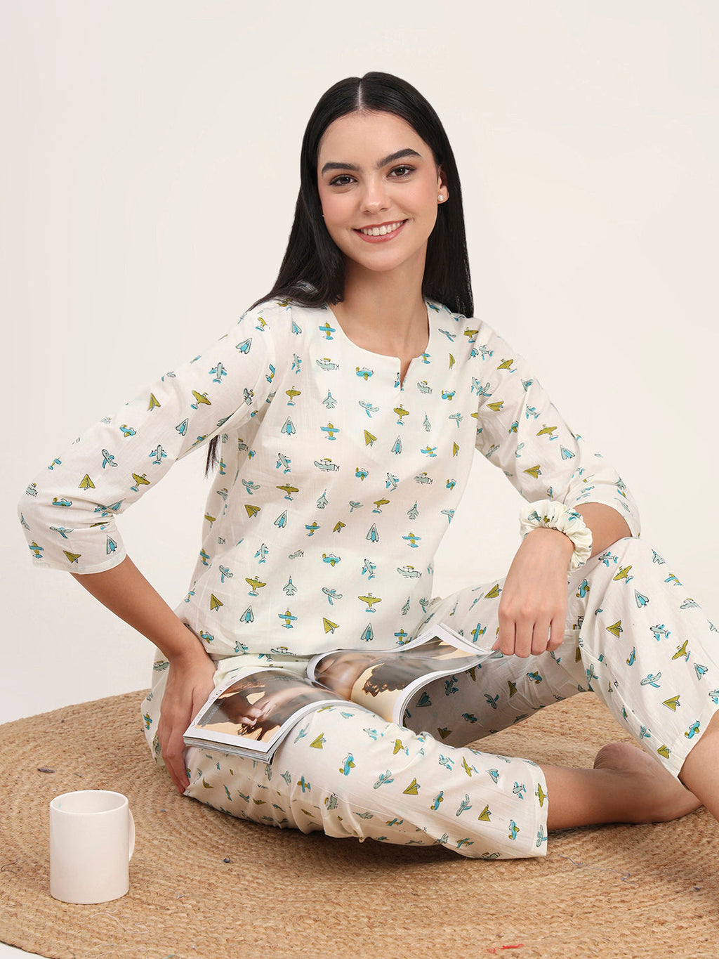Noe Velarro Cream Cotton Printed Night Suit Set