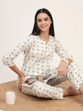 Noe Velarro Cream Cotton Printed Night Suit Set