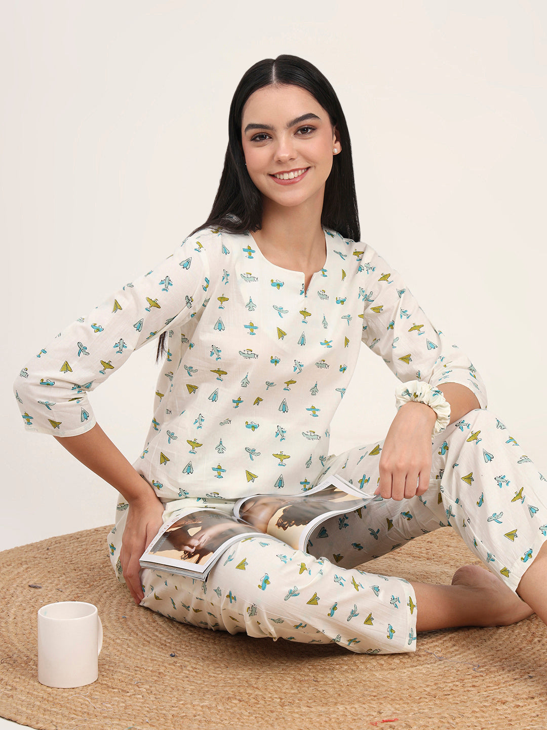 Noe Velarro Cream Cotton Printed Night Suit Set