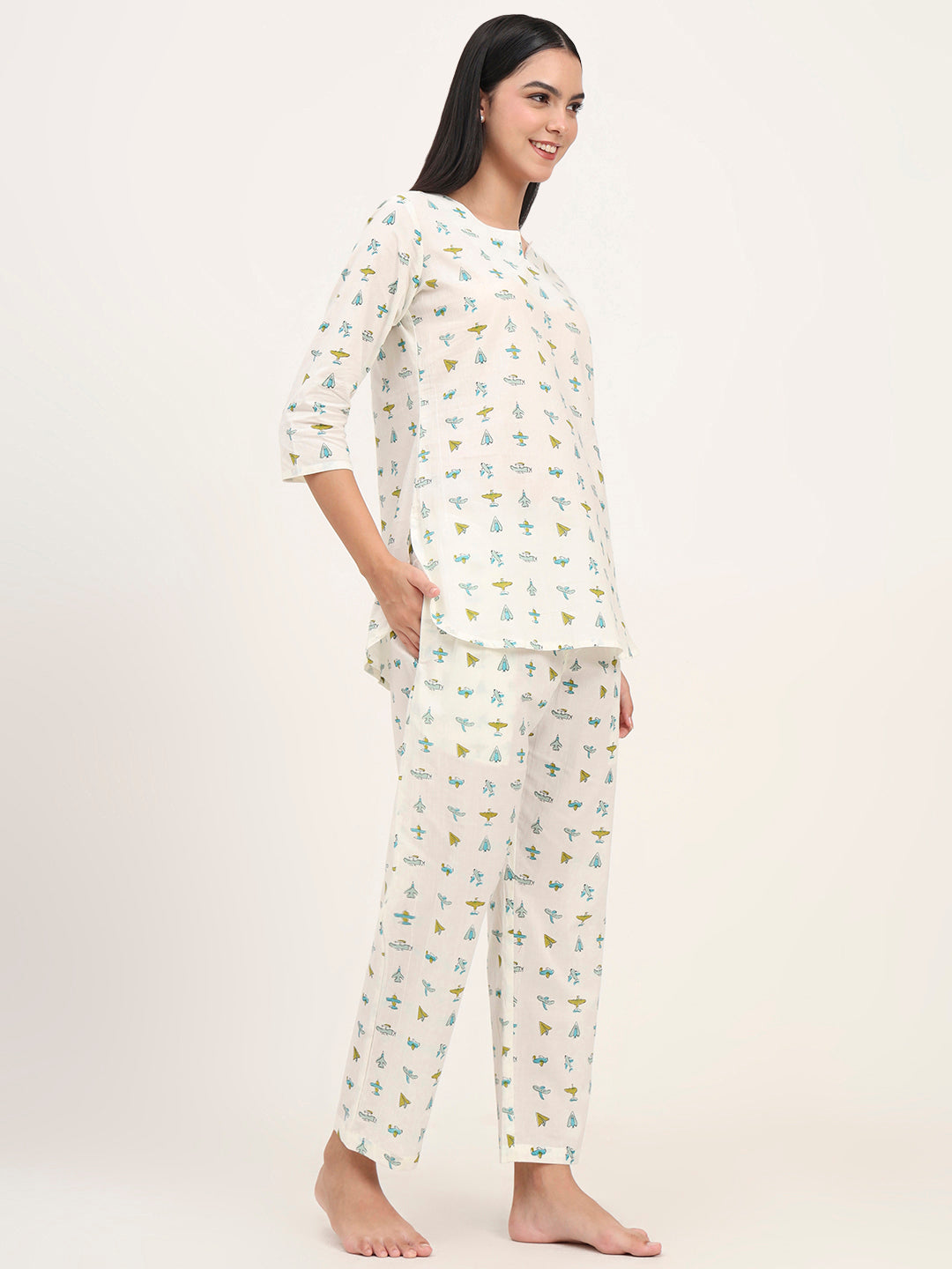 Noe Velarro Cream Cotton Printed Night Suit Set