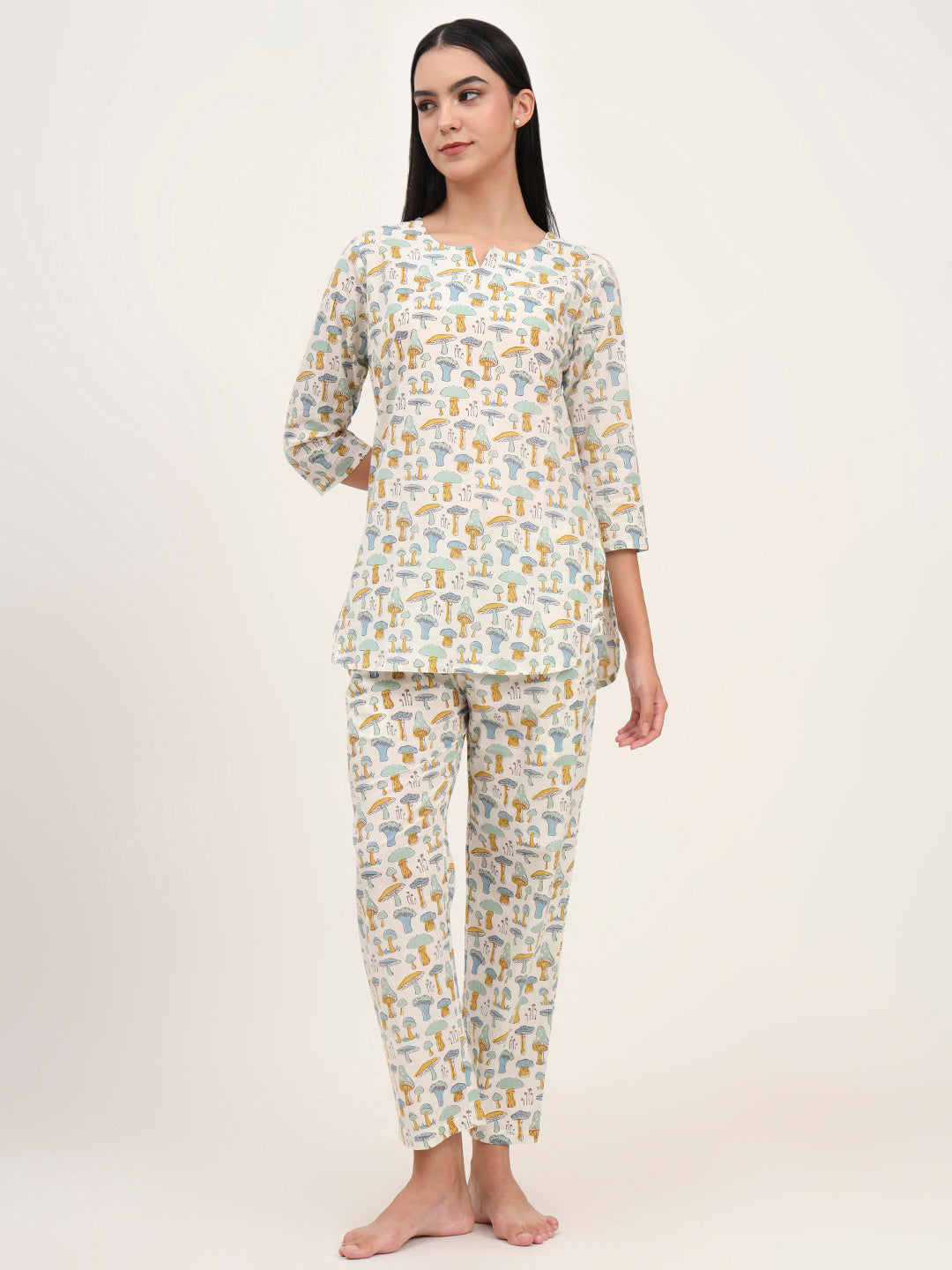 Noe Velarro Cream Cotton Printed Night Suit Set