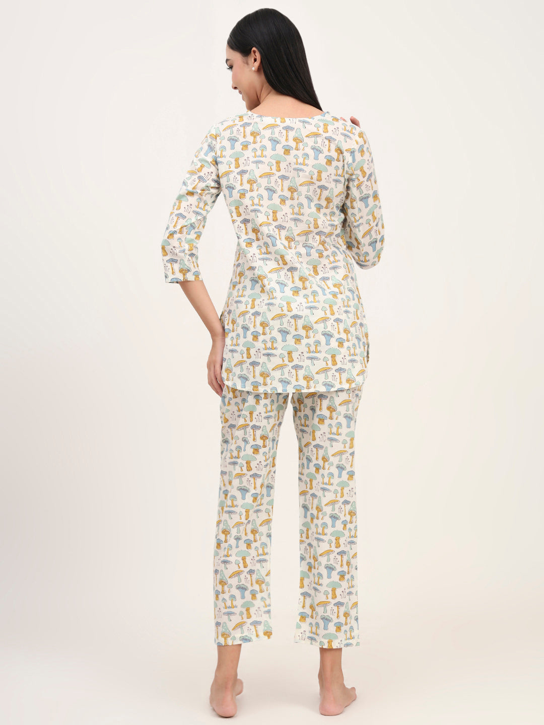 Noe Velarro Cream Cotton Printed Night Suit Set