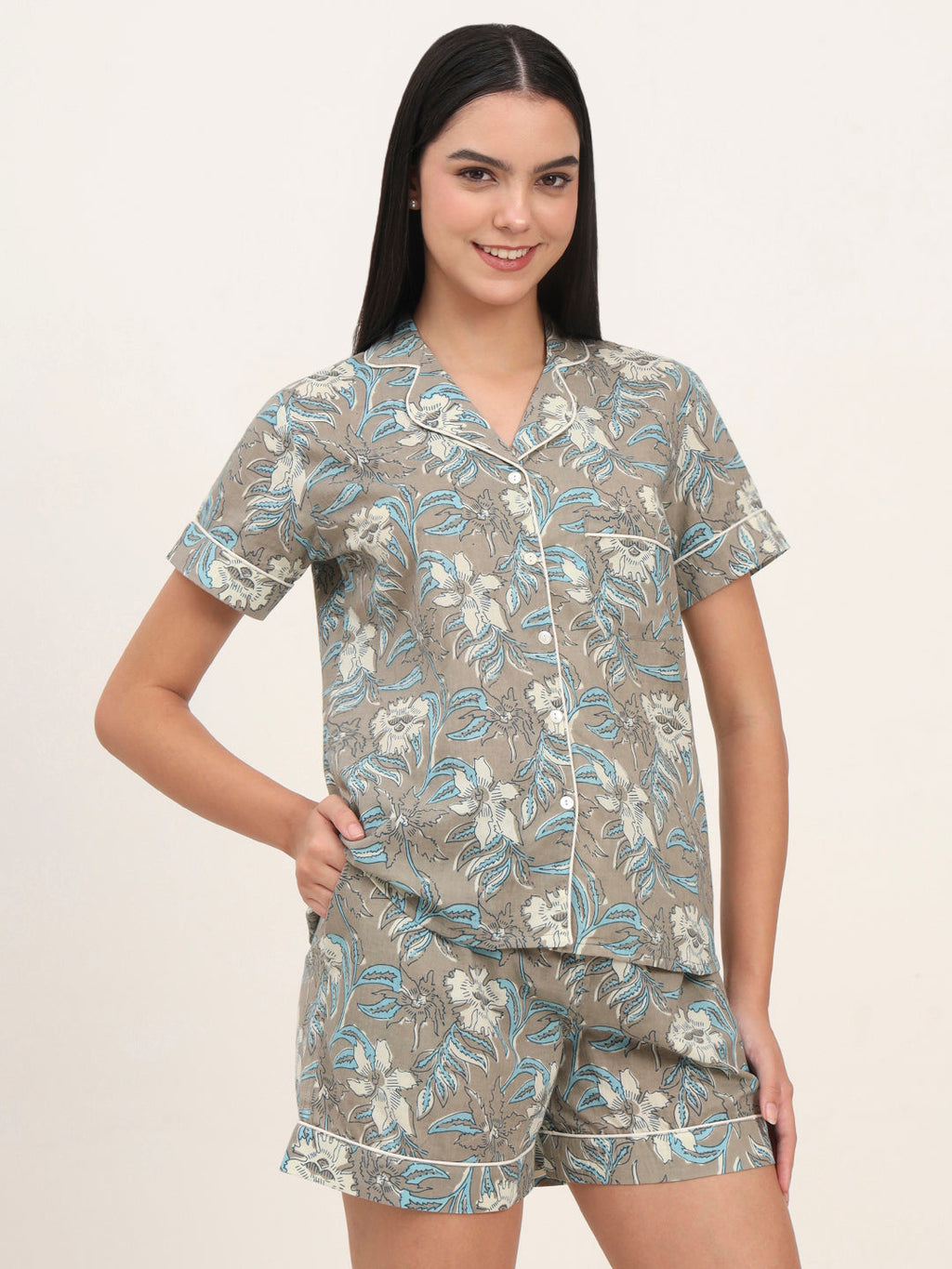 Noe Velarro Grey Cotton Floral Printed Shirts With Shorts Night Suits