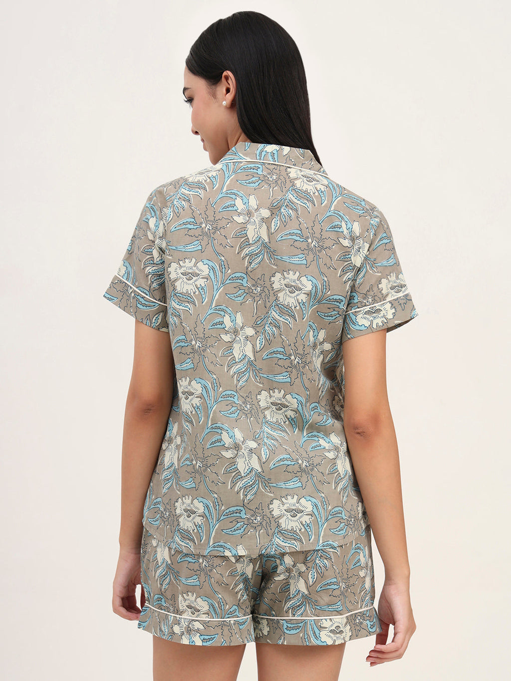 Noe Velarro Grey Cotton Floral Printed Shirts With Shorts Night Suits