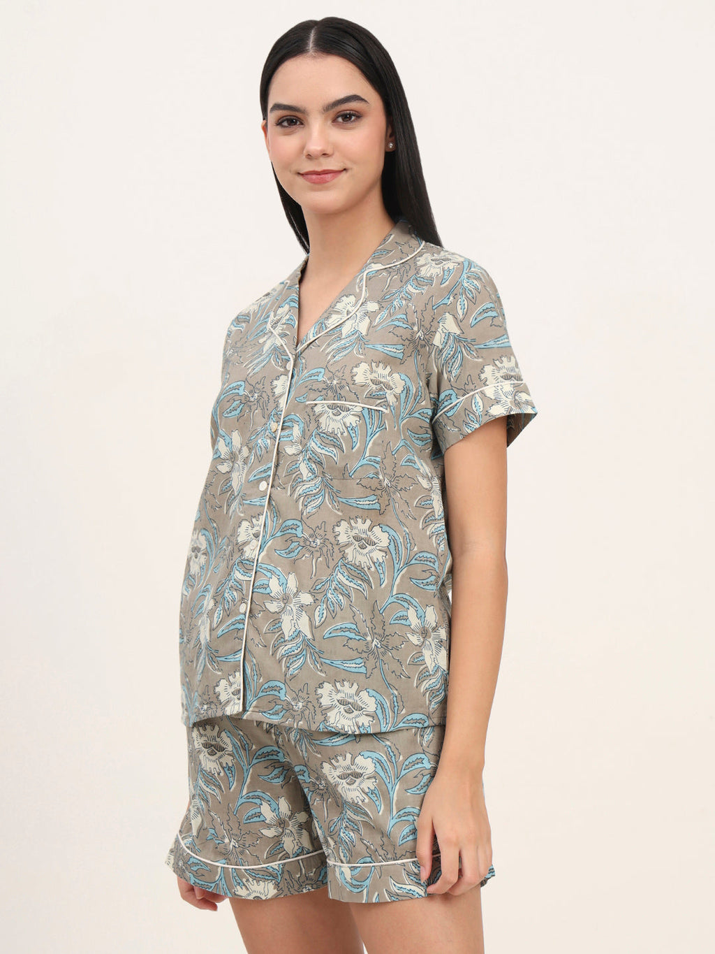 Noe Velarro Grey Cotton Floral Printed Shirts With Shorts Night Suits