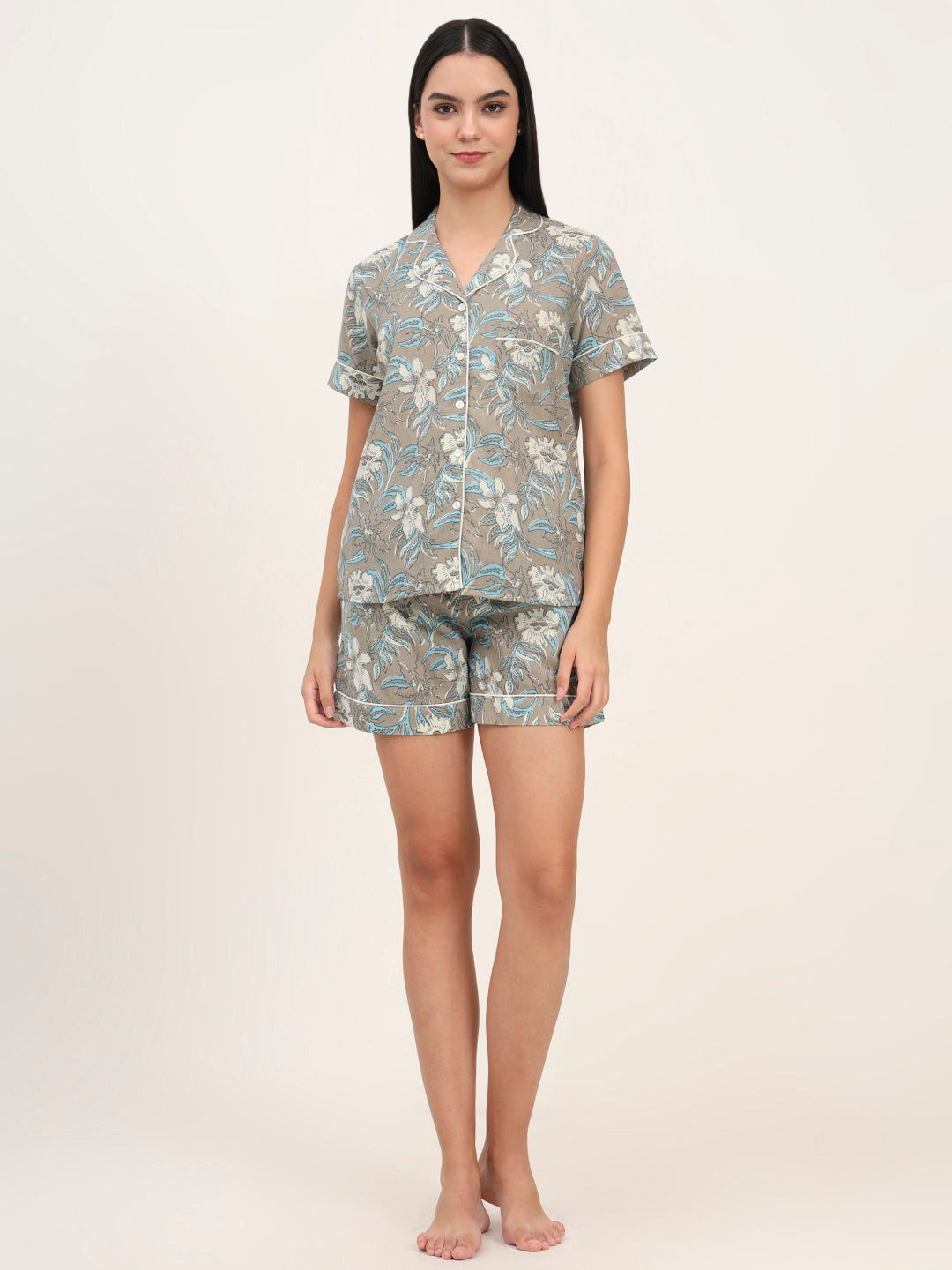 Noe Velarro Grey Cotton Floral Printed Shirts With Shorts Night Suits