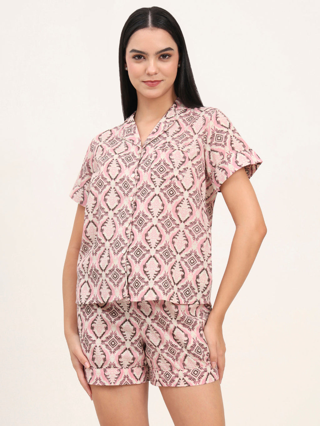 Noe Velarro Pink Cotton Floral Printed Shirts With Shorts Night Suits