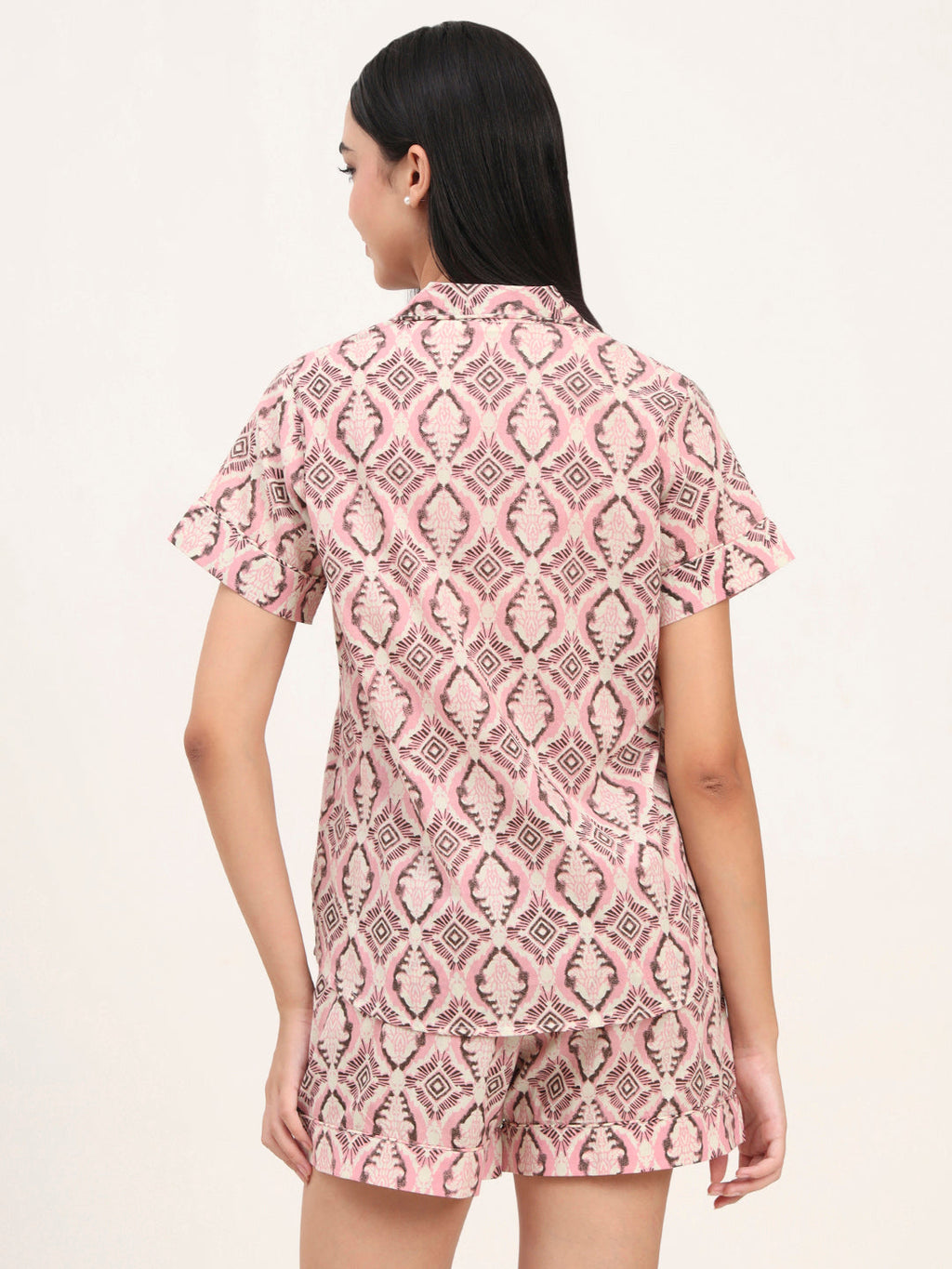 Noe Velarro Pink Cotton Floral Printed Shirts With Shorts Night Suits