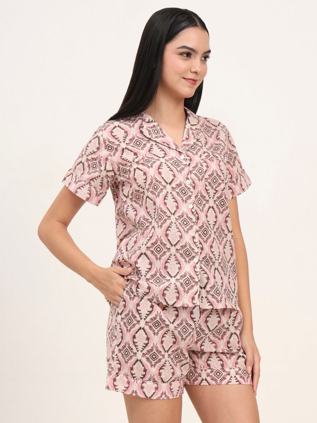 Noe Velarro Pink Cotton Floral Printed Shirts With Shorts Night Suits
