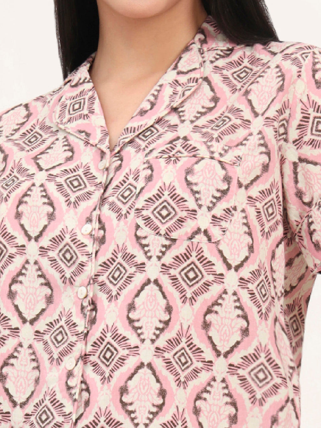 Noe Velarro Pink Cotton Floral Printed Shirts With Shorts Night Suits
