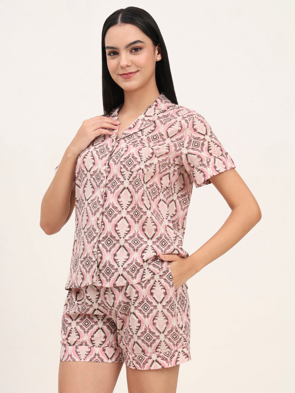 Noe Velarro Pink Cotton Floral Printed Shirts With Shorts Night Suits
