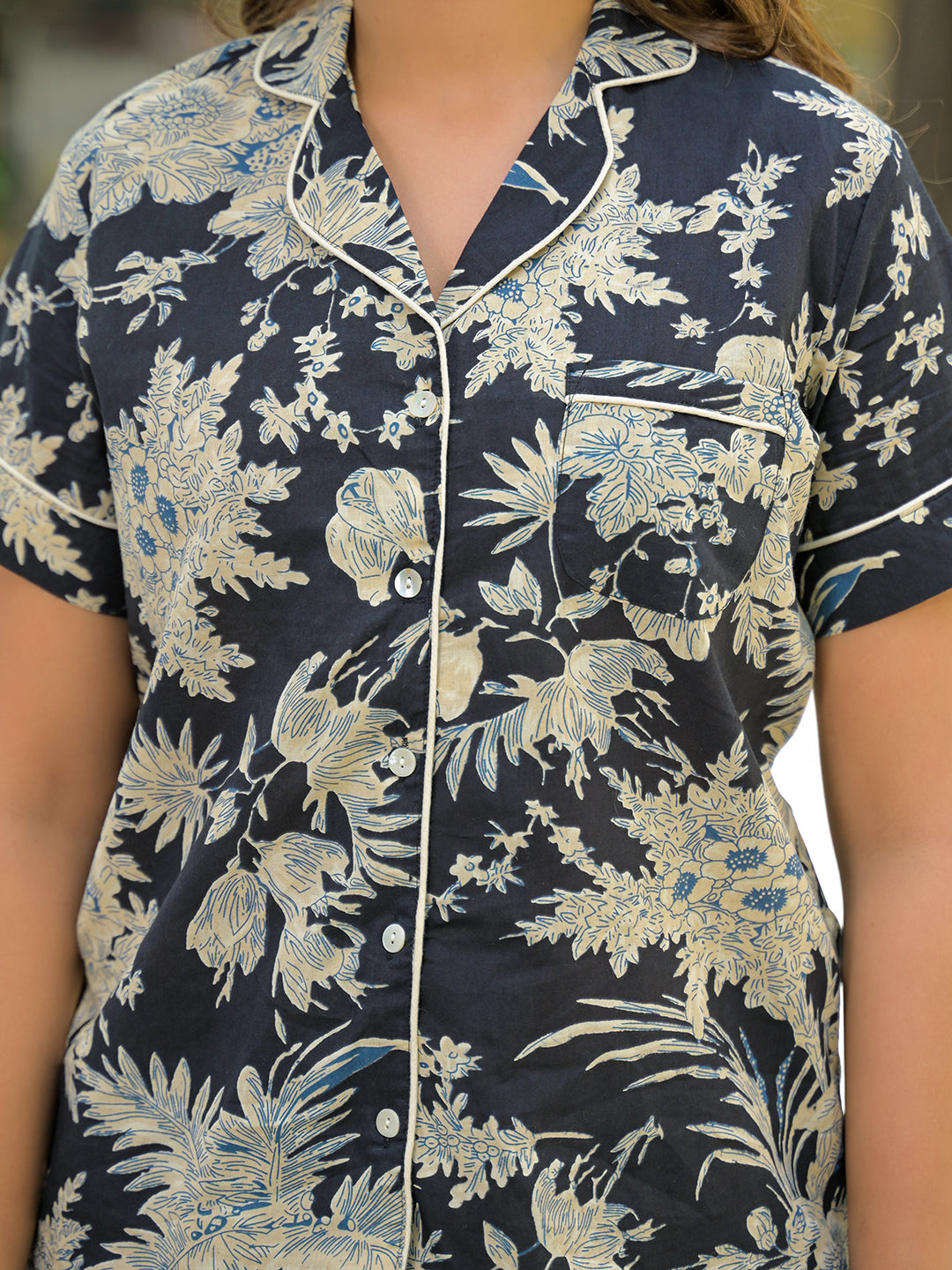 Noe Velarro Black Floral Print Cotton Night Suits