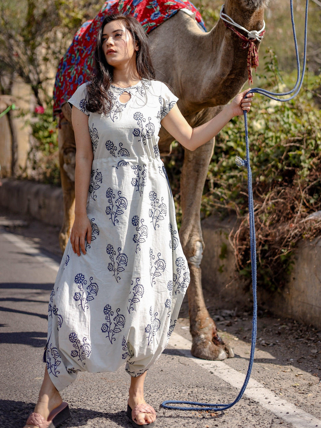 Divena Indigo Hand Block Dhoti Style Cotton Jumpsuit - divenaworld.com