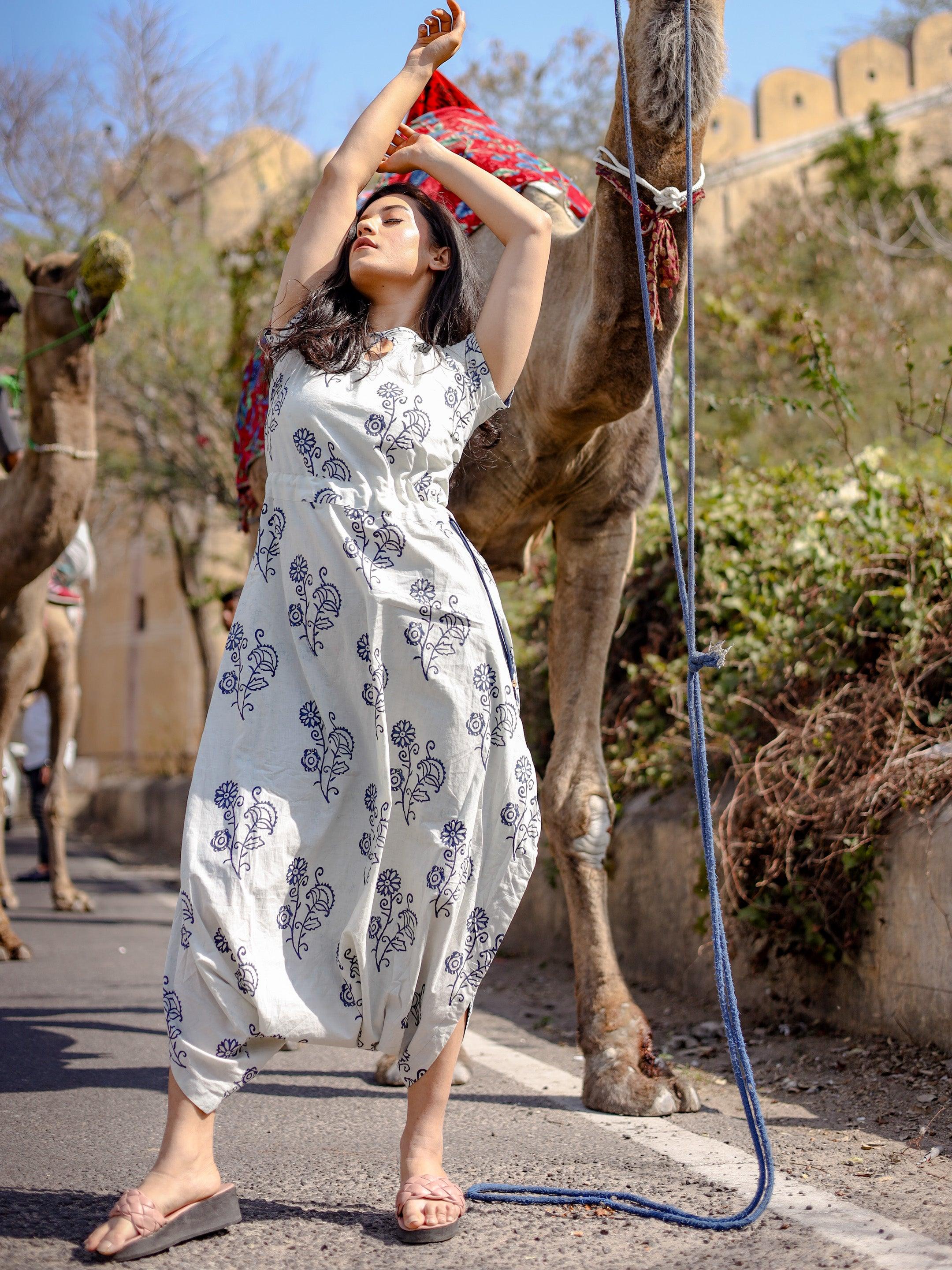 Divena Indigo Hand Block Dhoti Style Cotton Jumpsuit - divenaworld.com