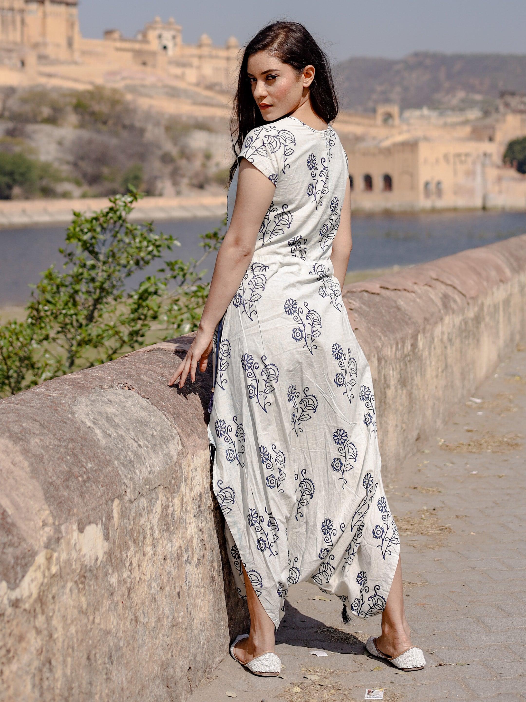 Divena Indigo Hand Block Dhoti Style Cotton Jumpsuit - divenaworld.com