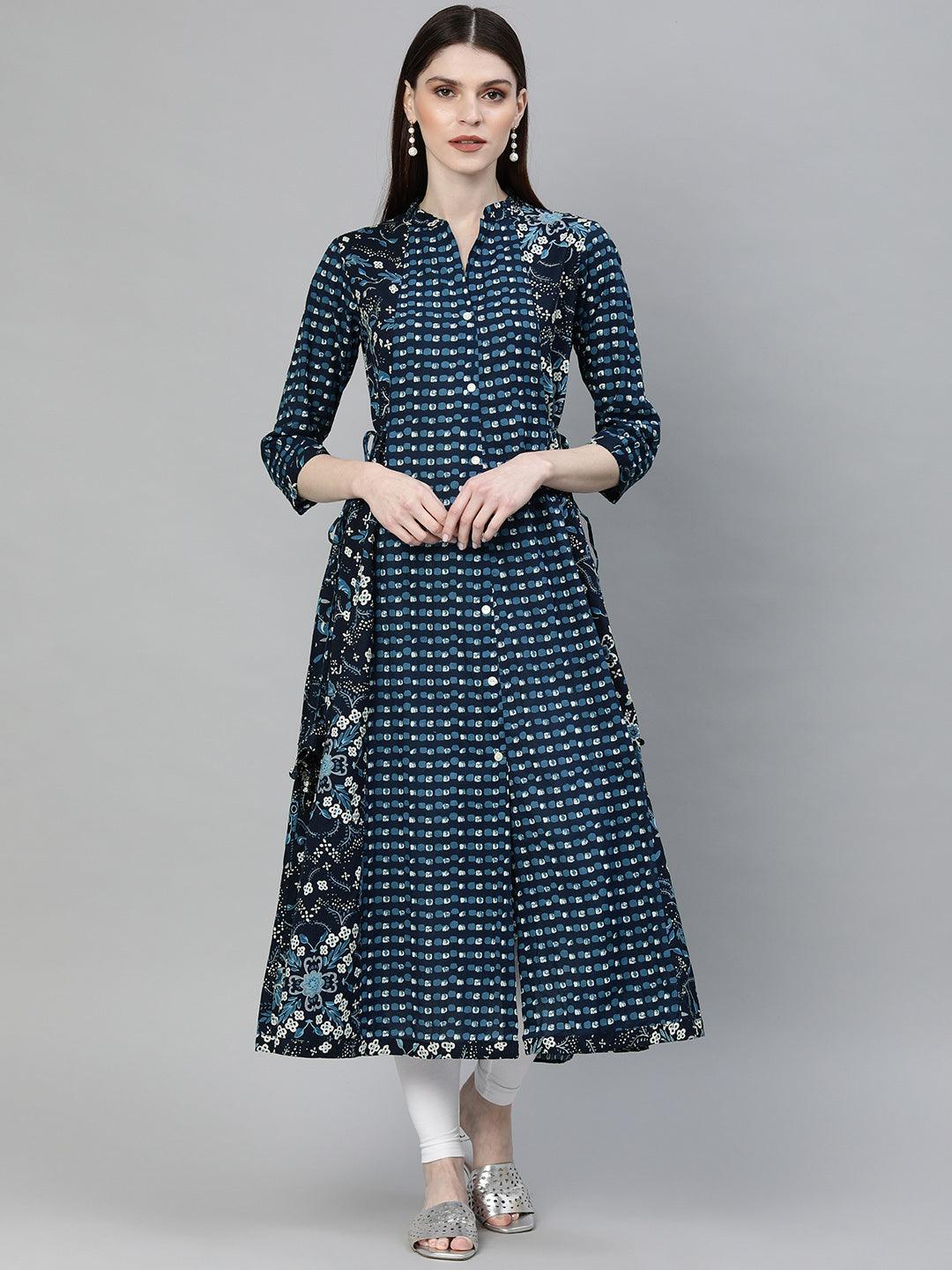 Divena Navy Blue Printed A- Line Kurta - divena world