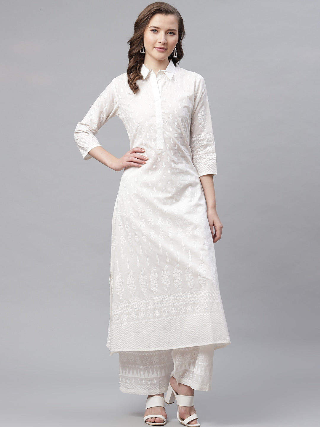 Noe Velarro White Khari Print Cotton Kurti With Palazzo Set