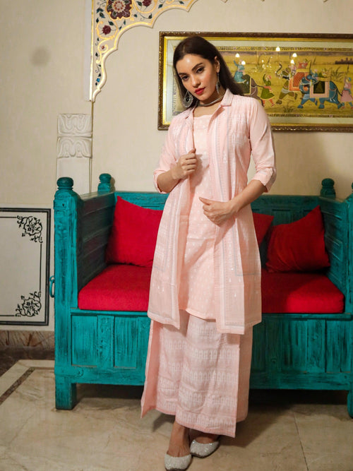 Divena Baby Pink Three Piece Palazzo Set With Jacket - divenaworld.com