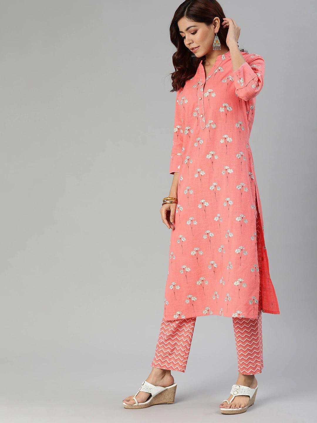Divena Pink Flower Print Cotton Kurta Set - divena world