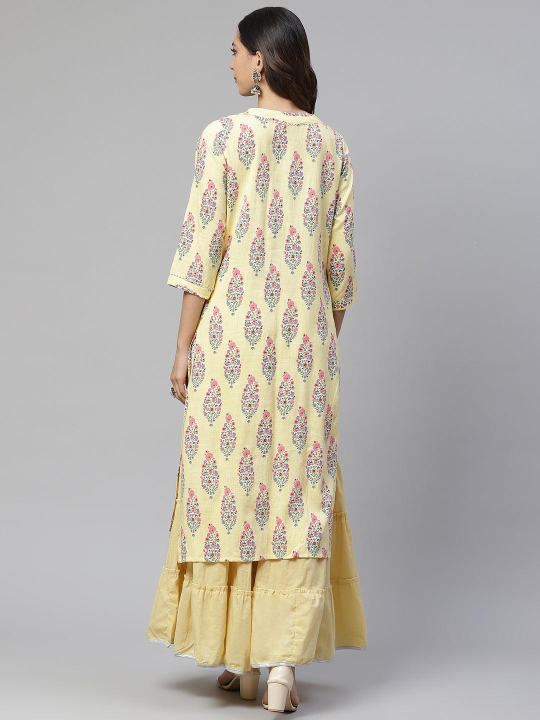 Divena Yellow Rayon Printed Kurti Sharara Set - divena world