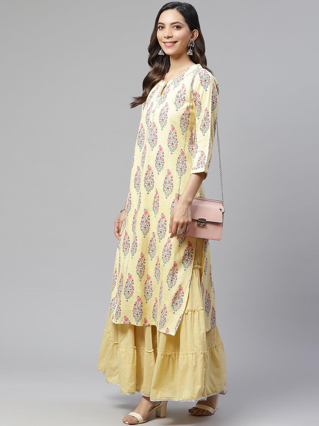 Divena Yellow Rayon Printed Kurti Sharara Set - divena world