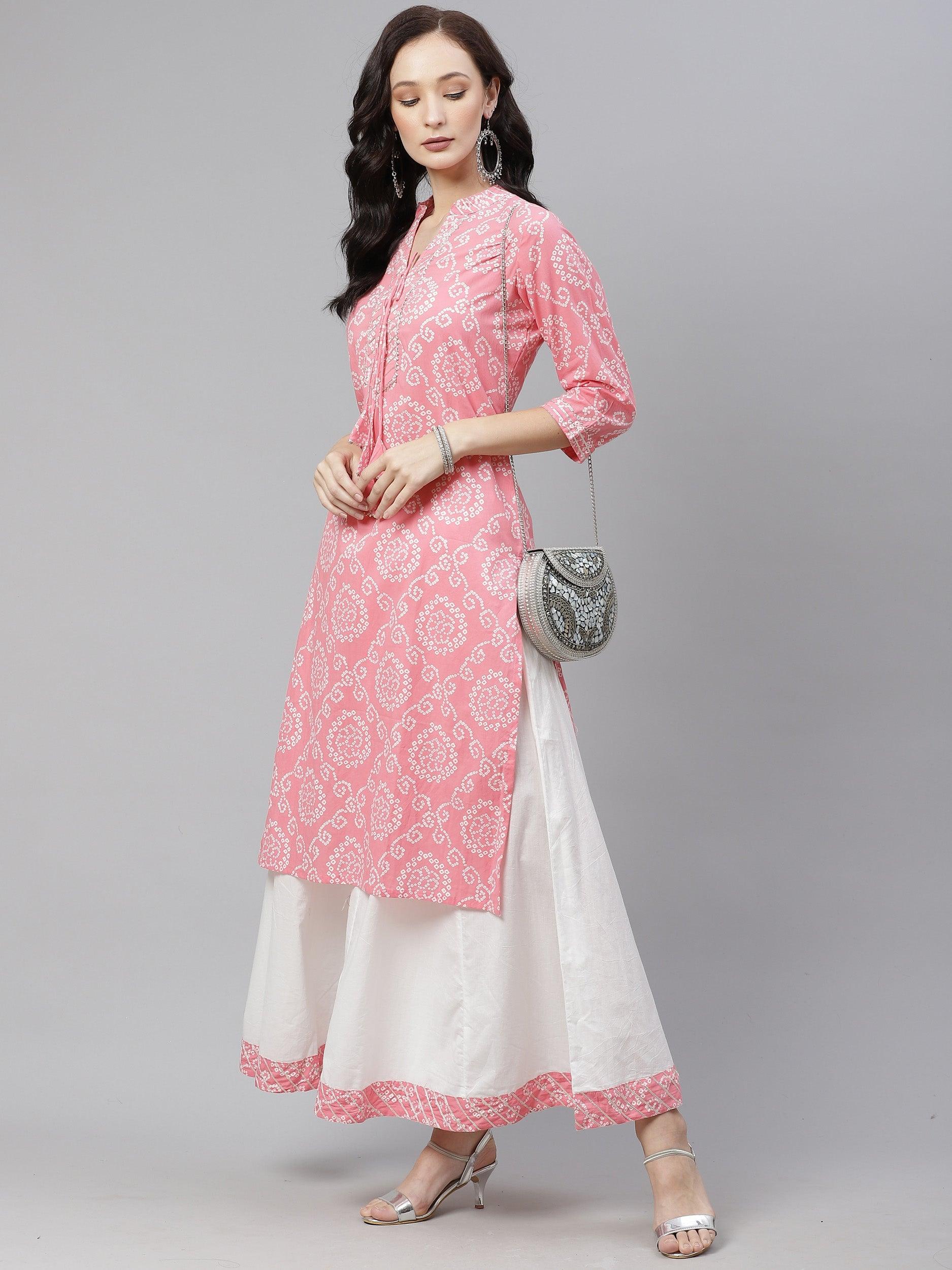 Divena Pink Bandhej Gota patti Work Kurta with Palazzo Set - divena world