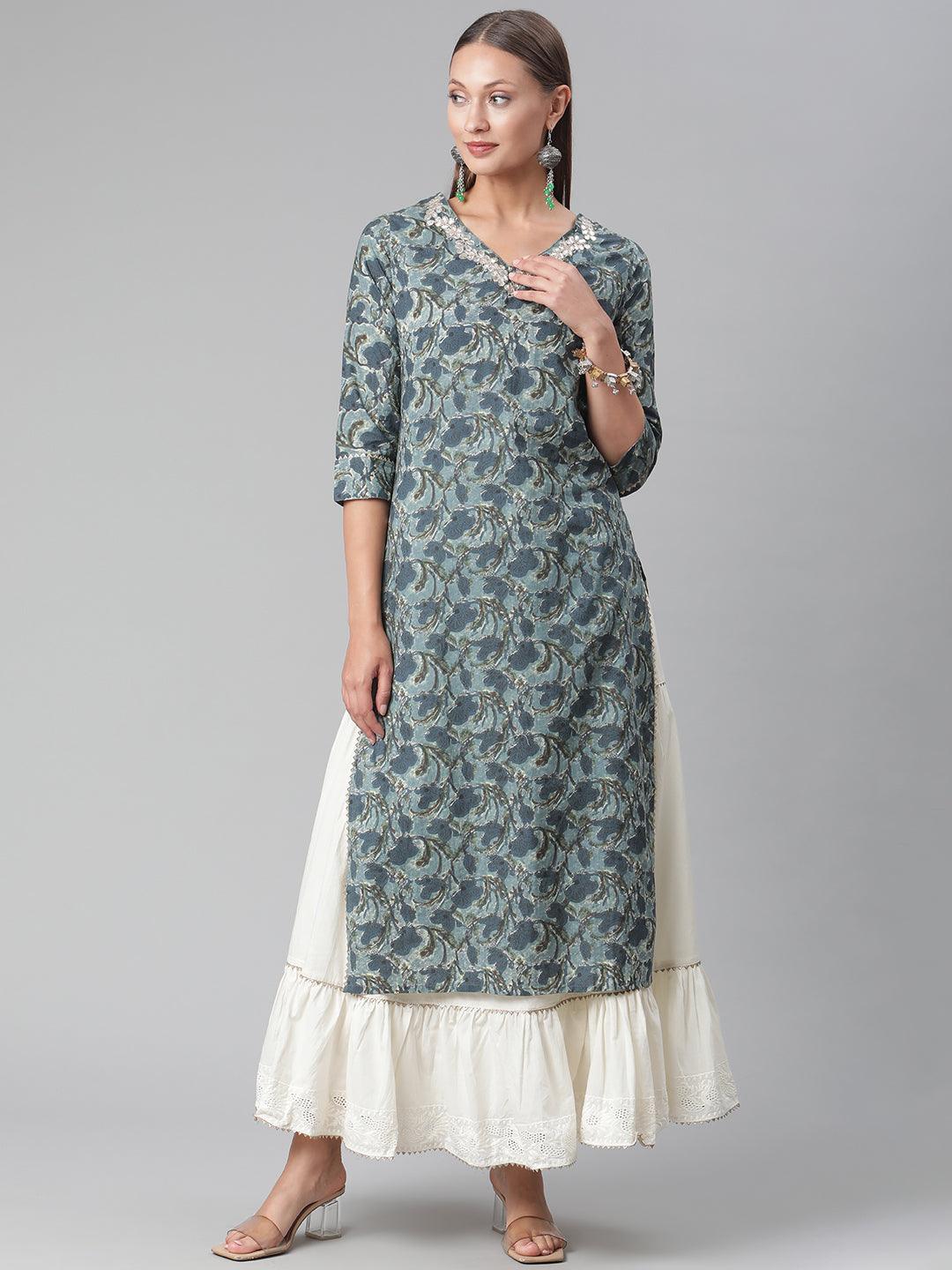 Divena Blue Cotton Kurta With Skirt - divena world