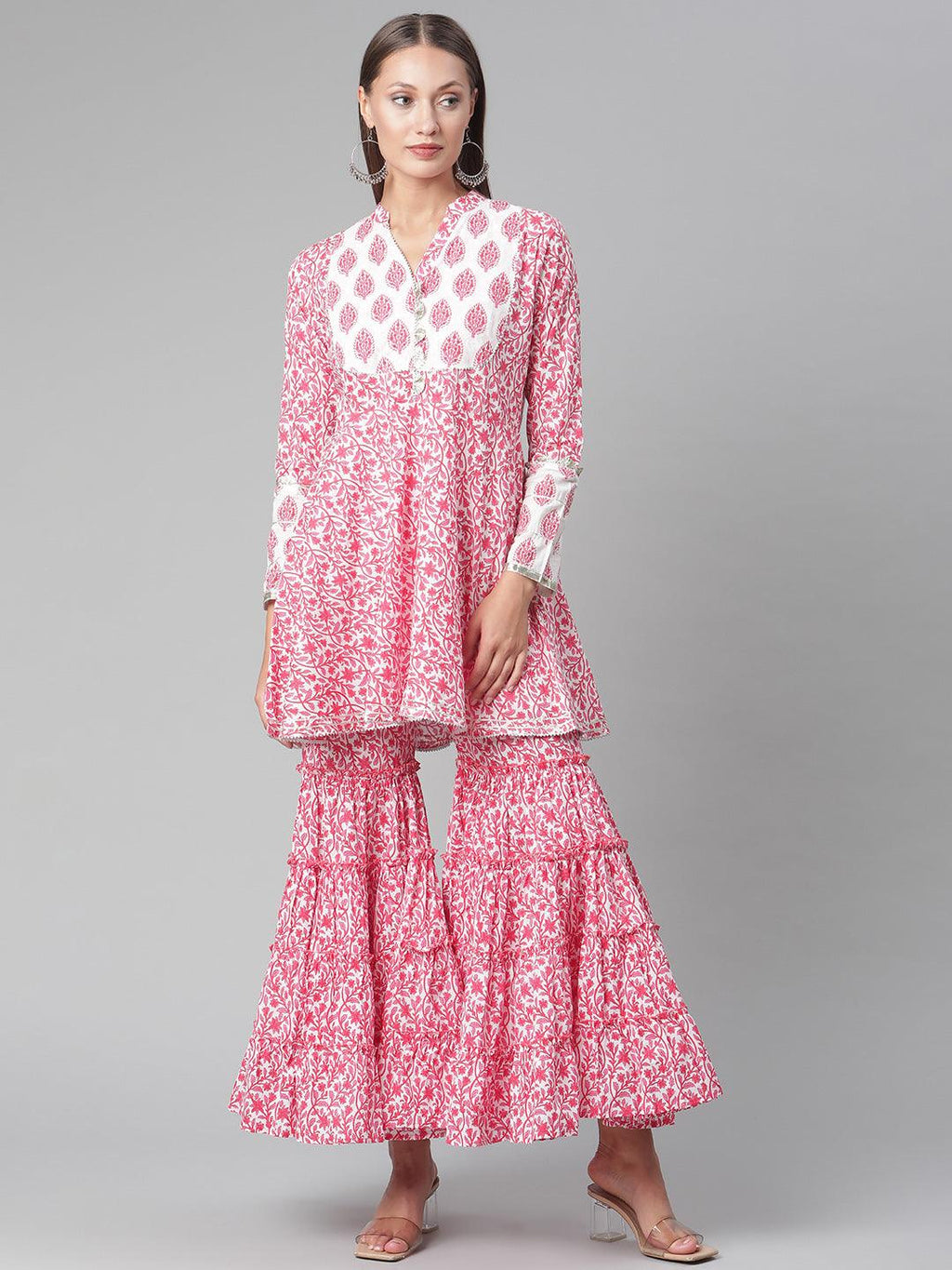 Divena Red White Peplum kurta With Sharara Set - divena world