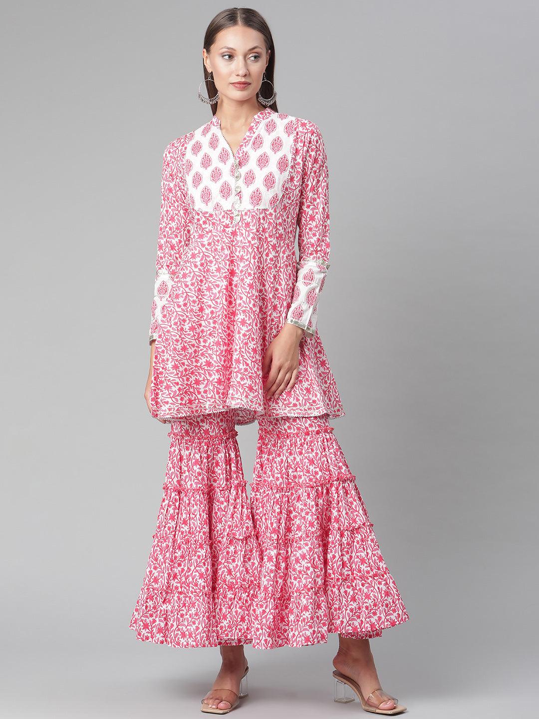 Divena Red White Peplum kurta With Sharara Set - divena world