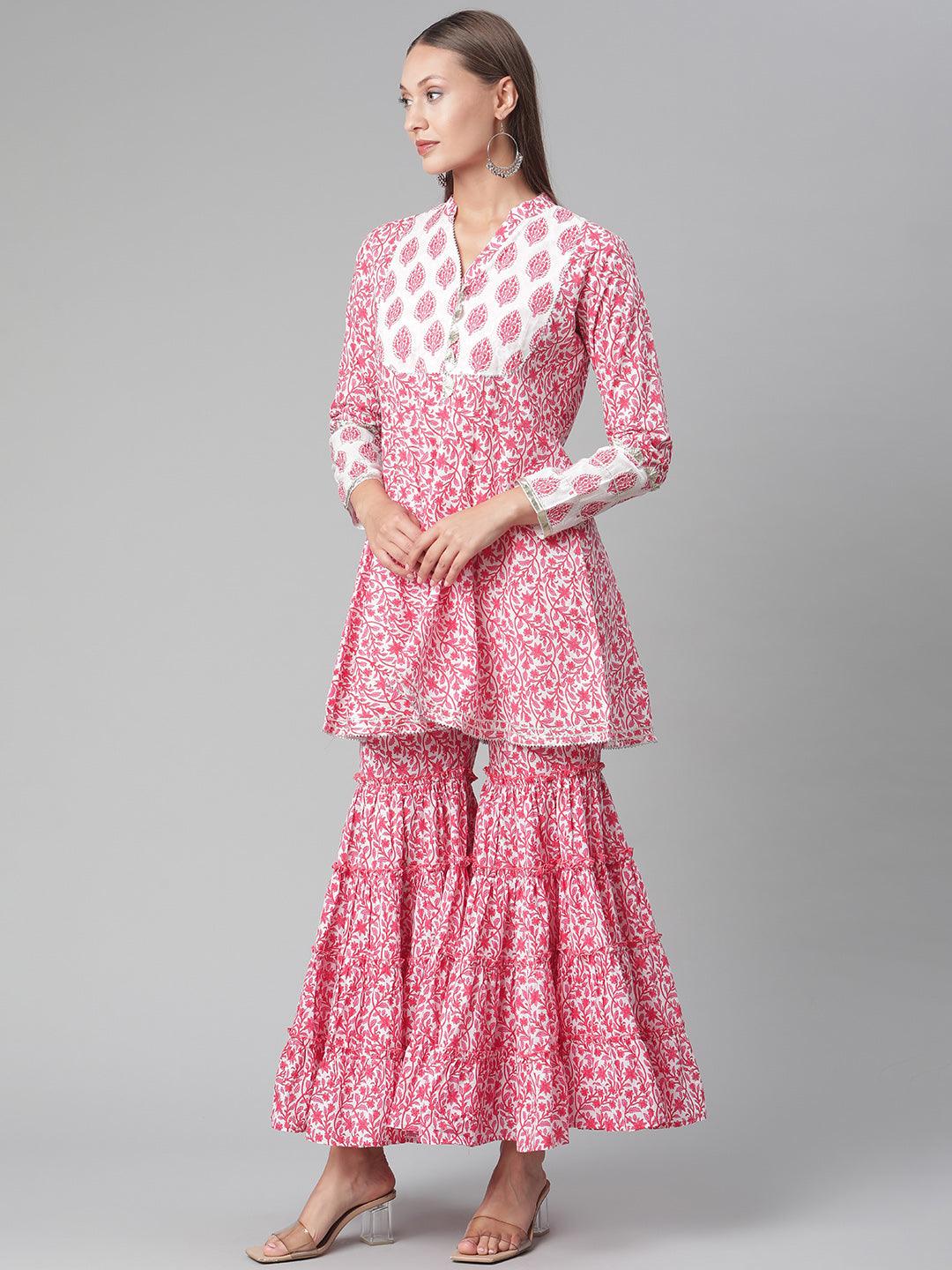 Divena Red White Peplum kurta With Sharara Set - divena world