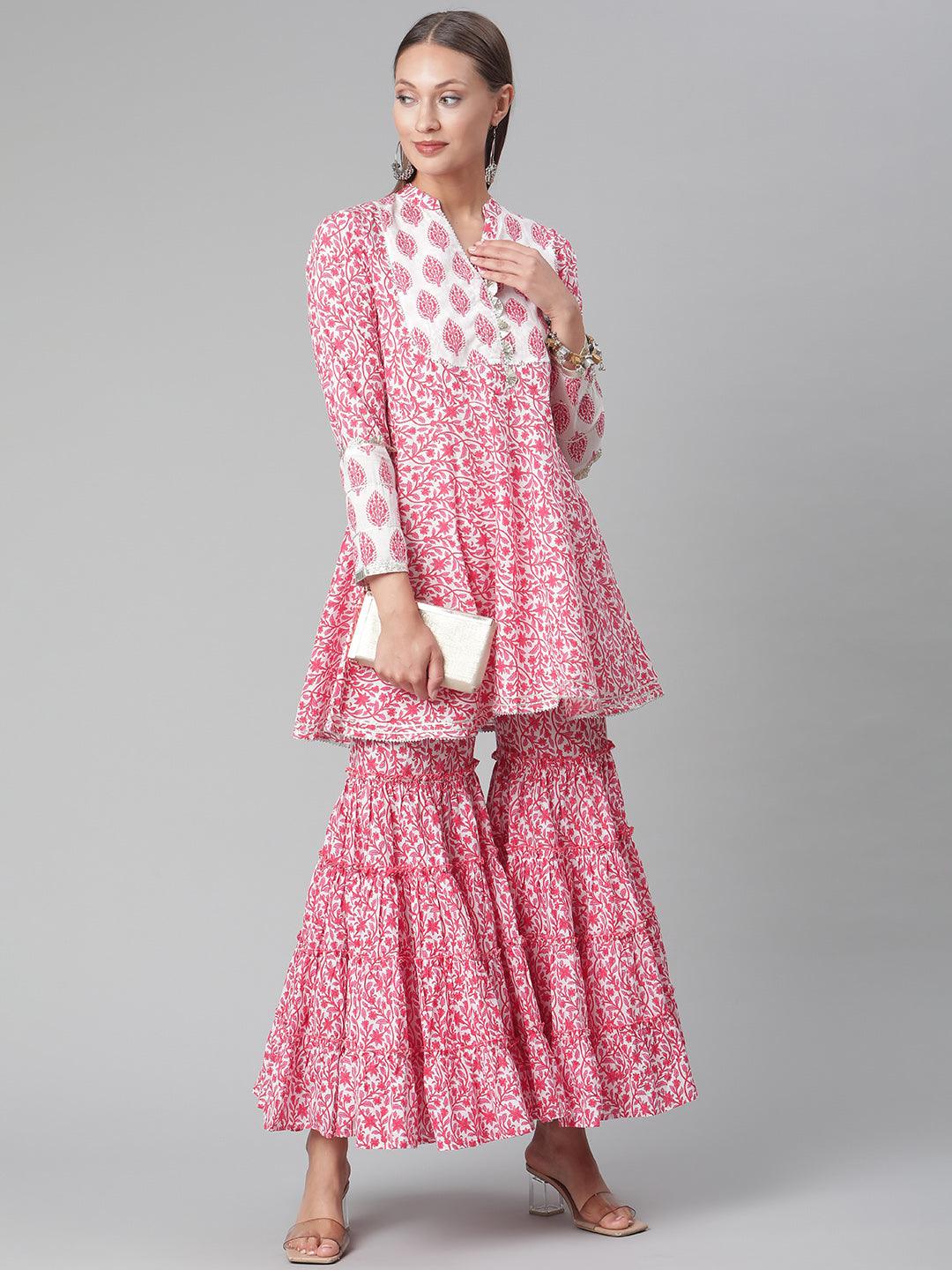 Divena Red White Peplum kurta With Sharara Set - divena world