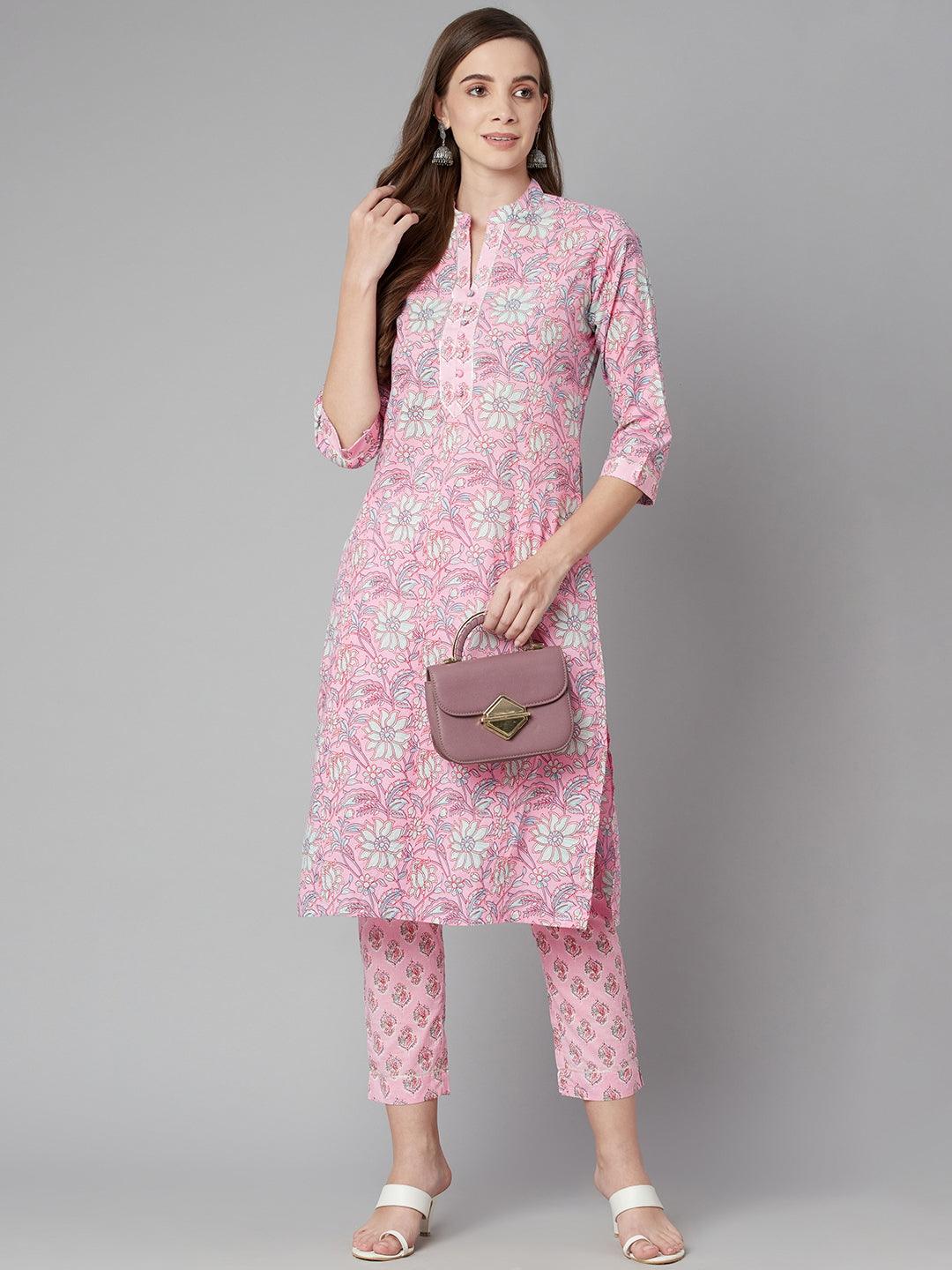 Divena Pink floral printed Cotton Kurta Pant set - divena world