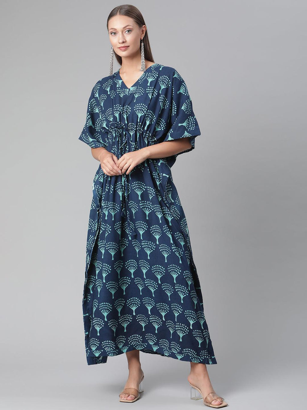 Divena Navy Blue Floral Cotton Kaftan - divena world