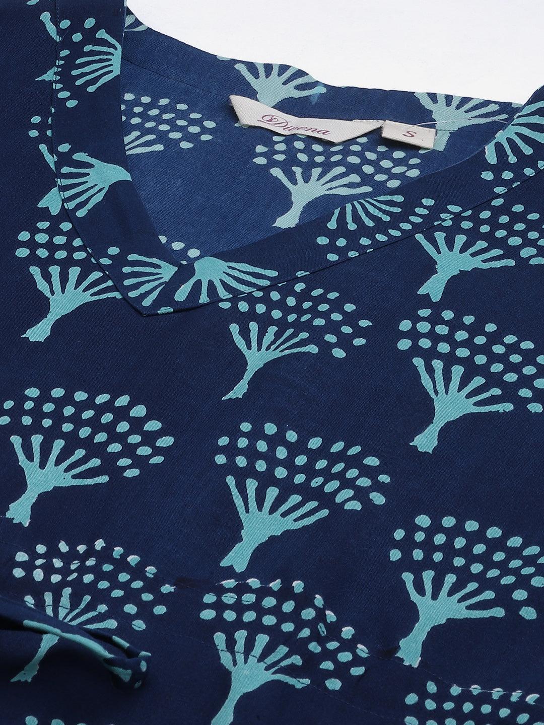 Divena Navy Blue Floral Cotton Kaftan - divena world