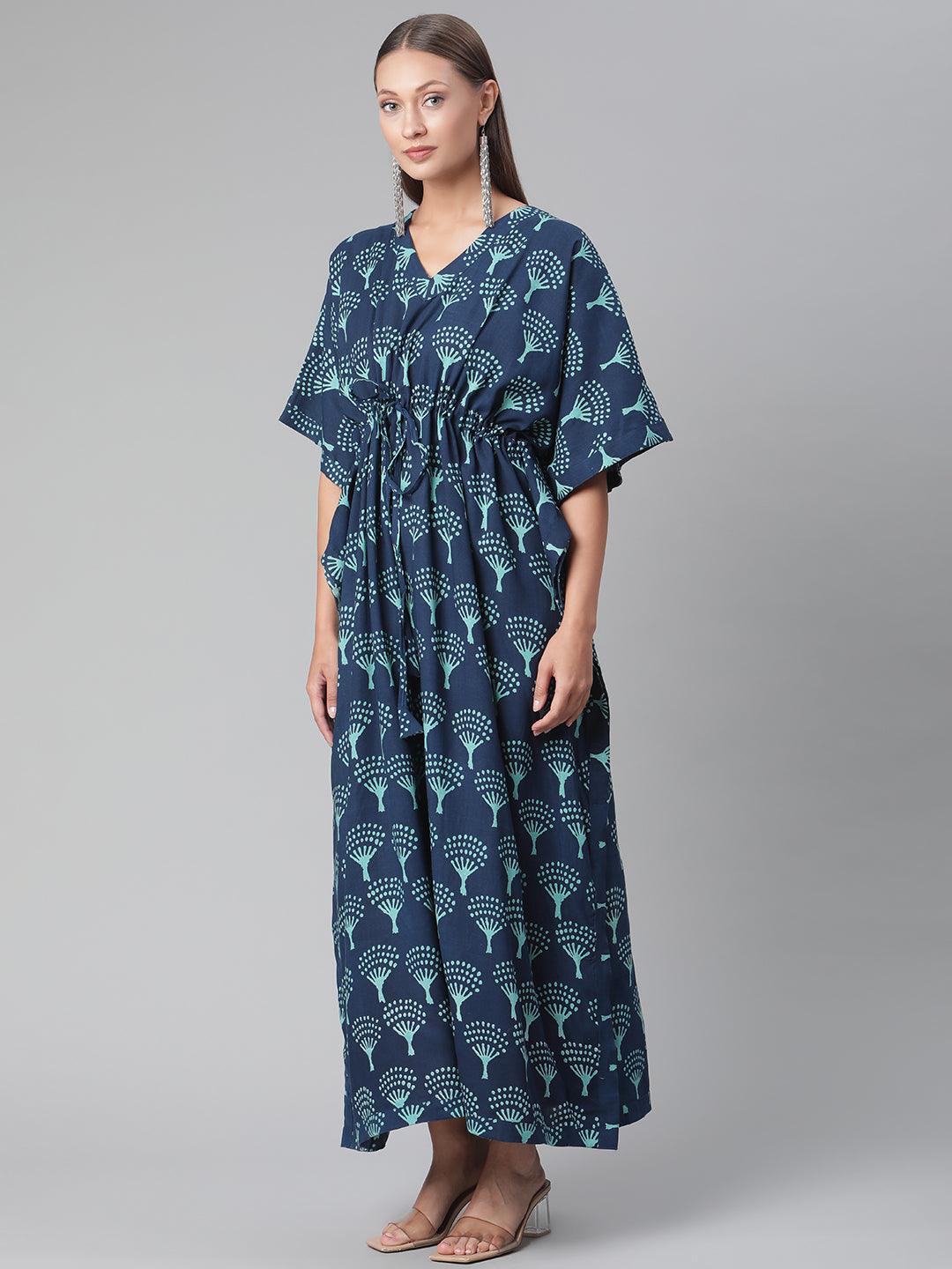 Divena Navy Blue Floral Cotton Kaftan - divena world