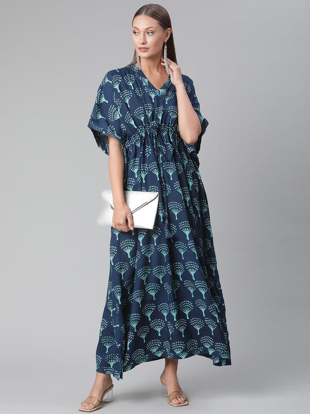 Divena Navy Blue Floral Cotton Kaftan - divena world
