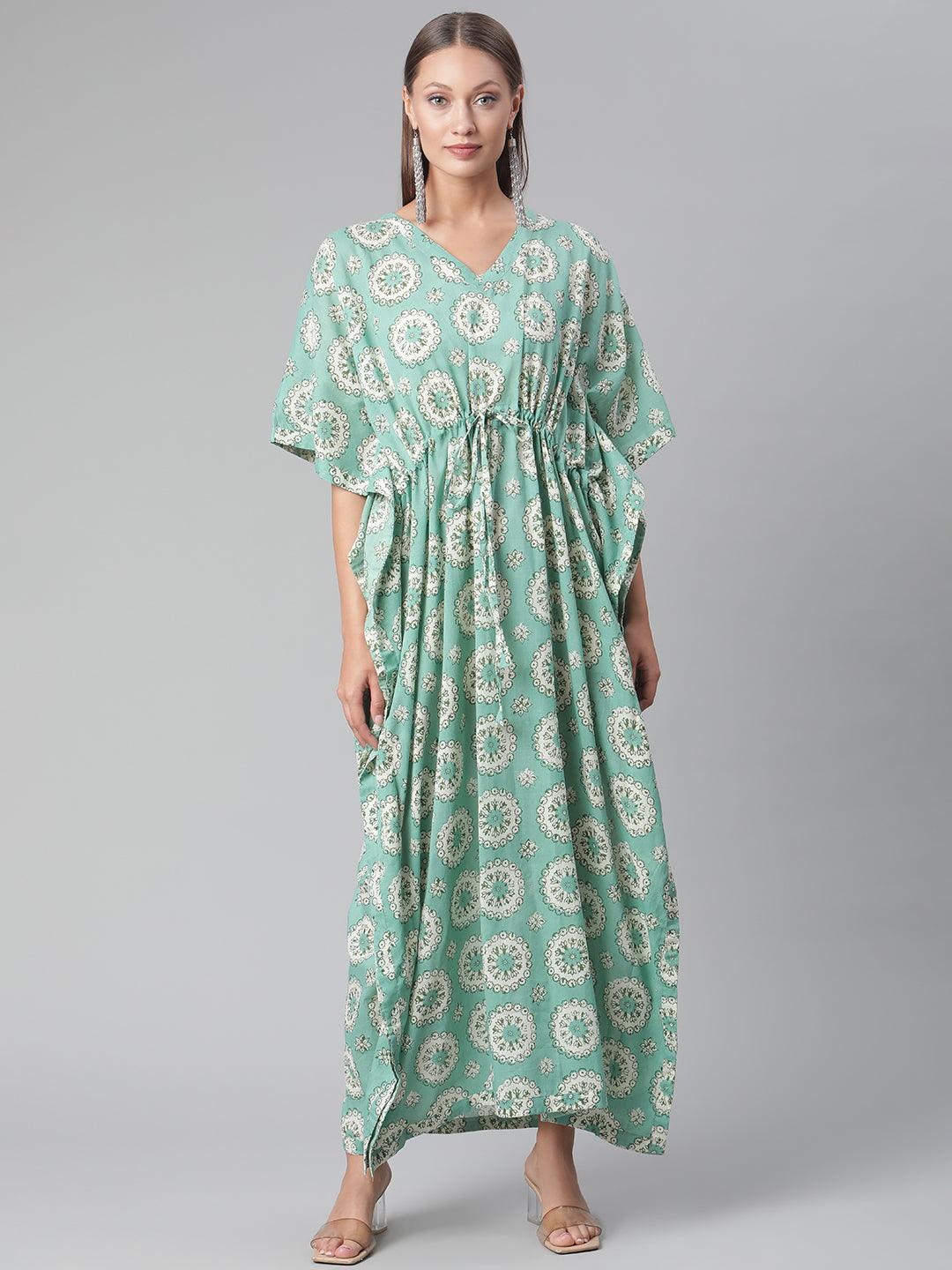 Divena Sea Green Floral Cotton Kaftan - divena world