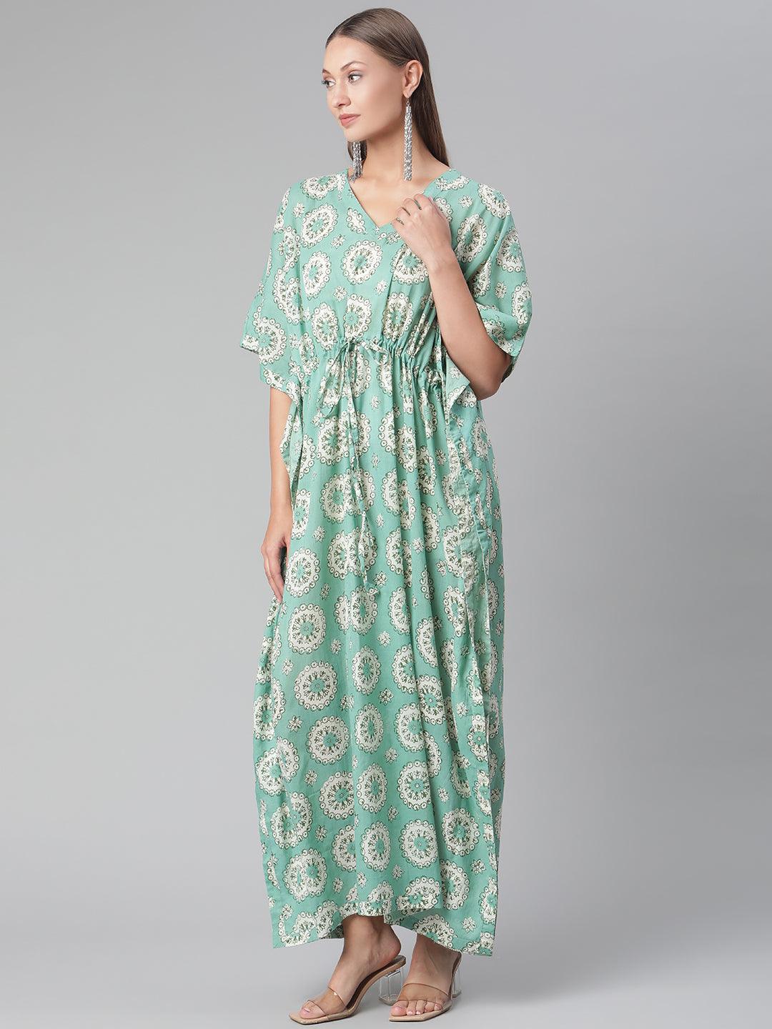 Divena Sea Green Floral Cotton Kaftan - divena world