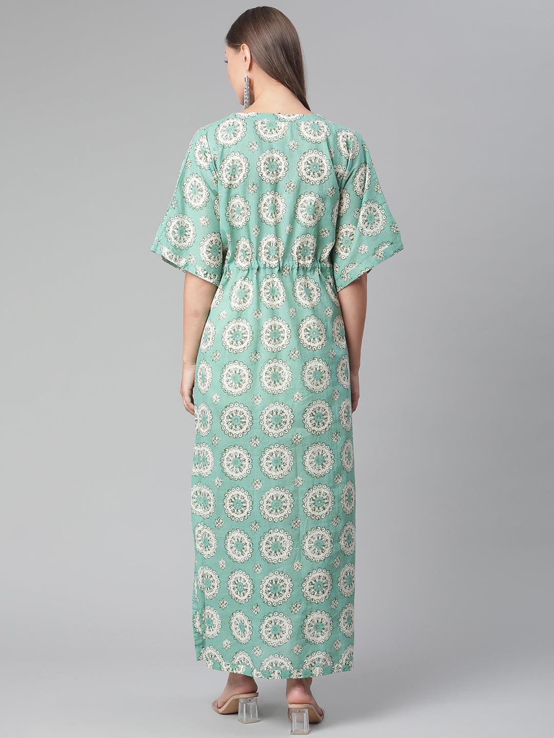 Divena Sea Green Floral Cotton Kaftan - divena world