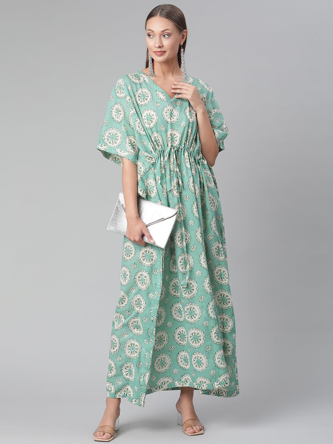 Divena Sea Green Floral Cotton Kaftan - divena world