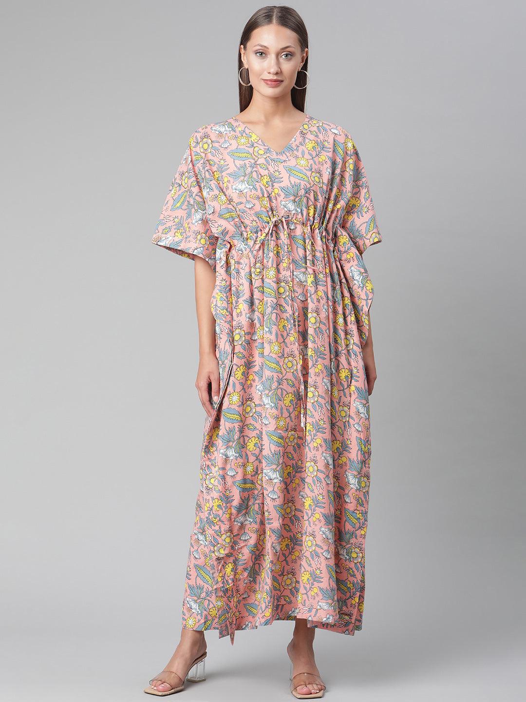 Divena Pink Floral Cotton Kaftan - divena world