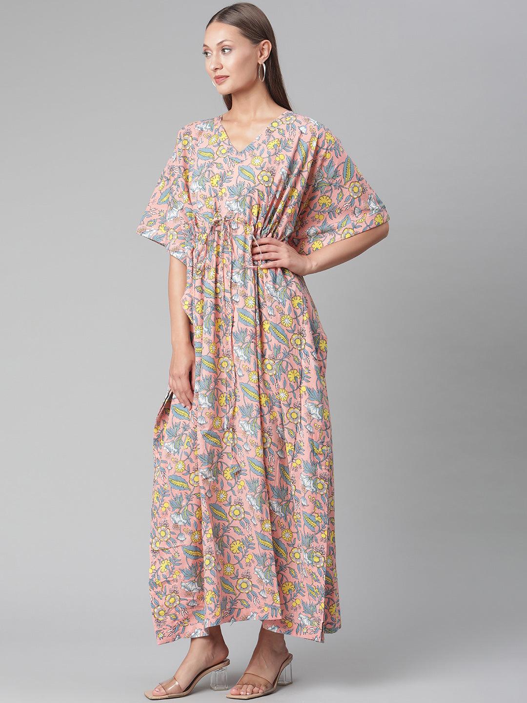 Divena Pink Floral Cotton Kaftan - divena world