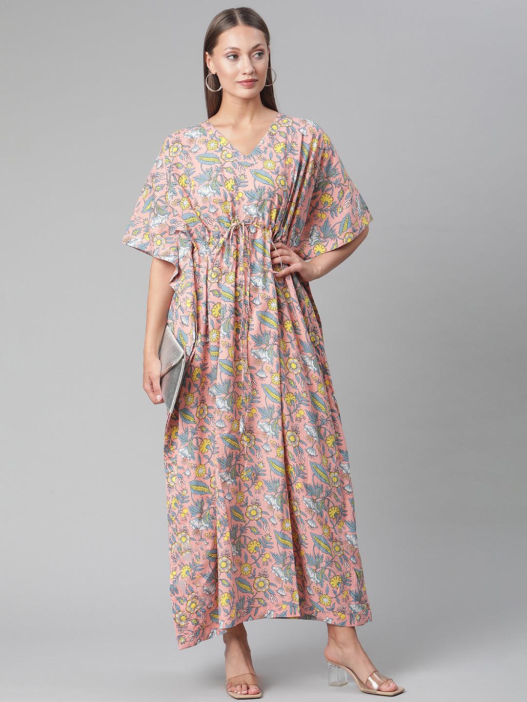 Divena Pink Floral Cotton Kaftan - divena world