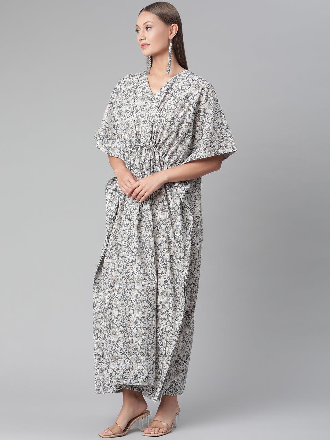 Divena Grey Floral Cotton Kaftan - divena world