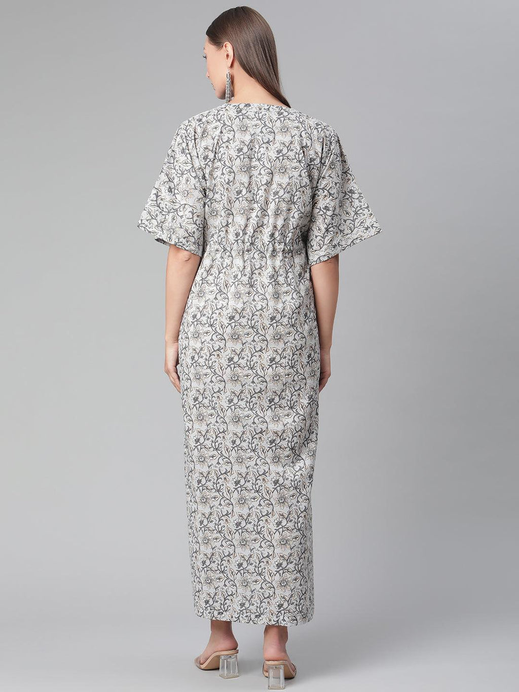 Divena Grey Floral Cotton Kaftan - divena world