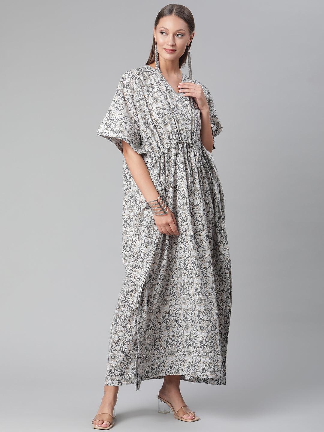 Divena Grey Floral Cotton Kaftan - divena world