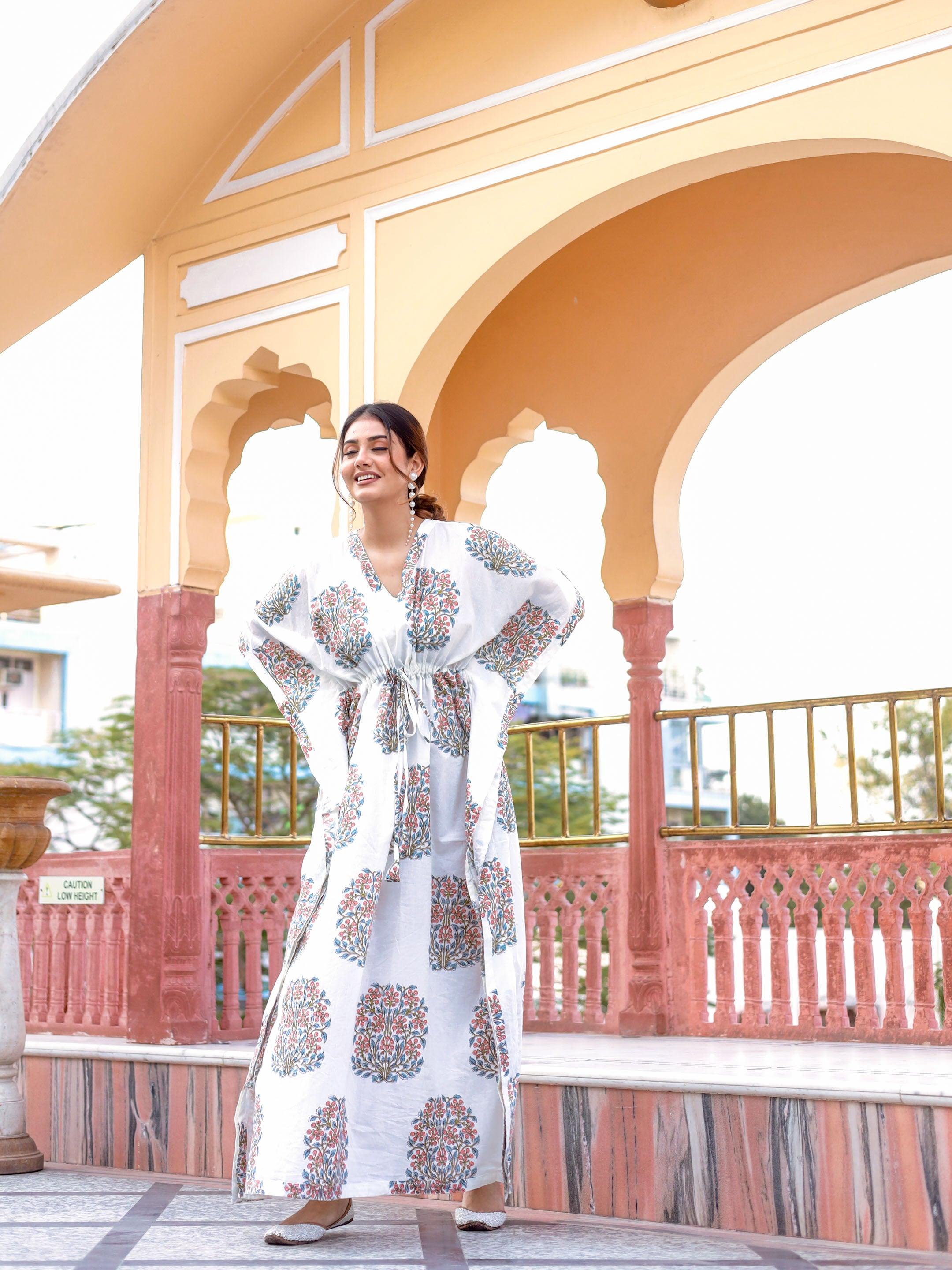 Divena White Floral Cotton Kaftan - divenaworld.com